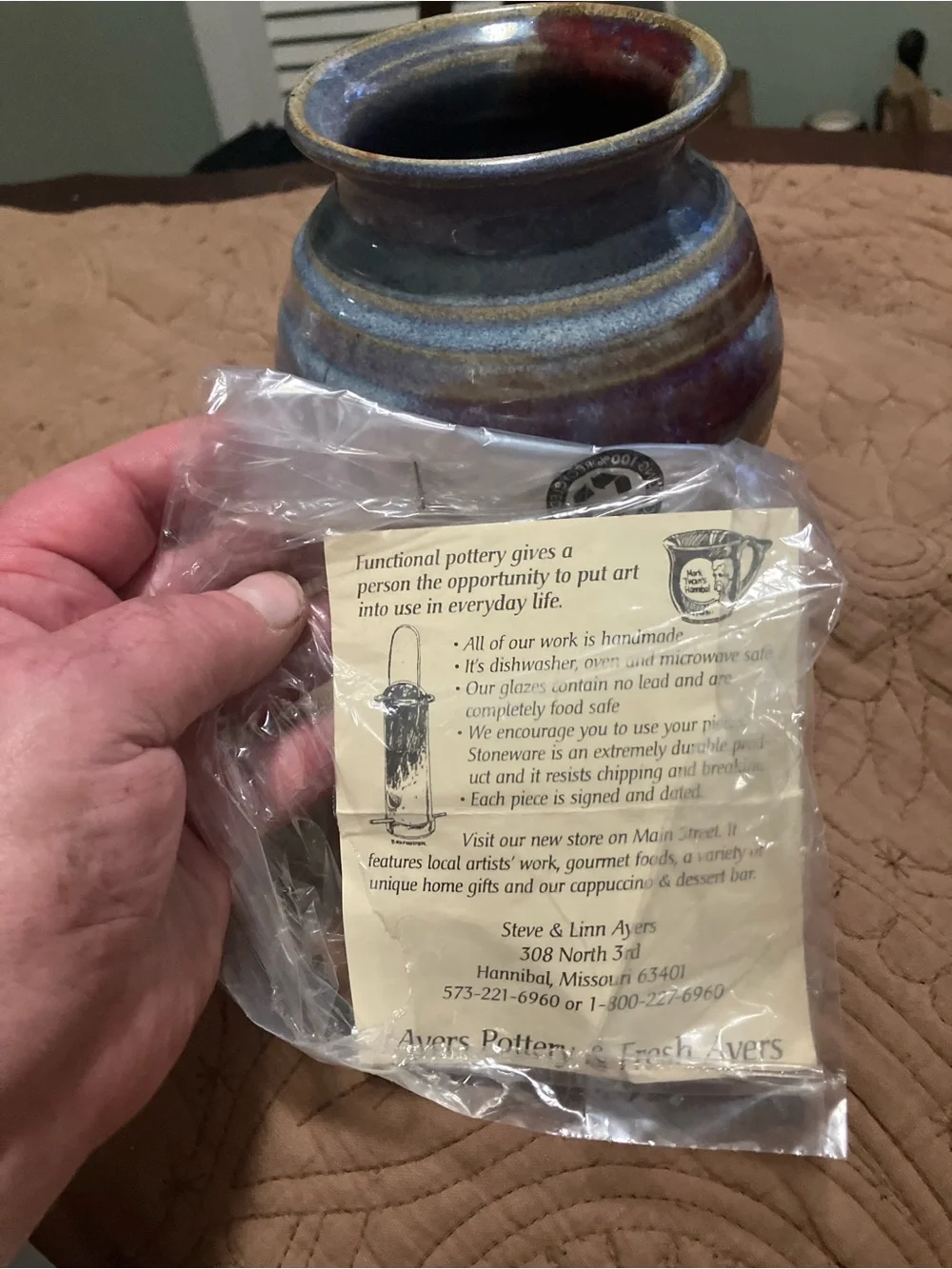 NWT Ayer’s Pottery Blue, Brown, and Maroon Drip Glaze Vase